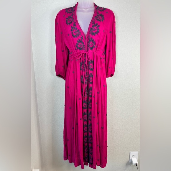 Free People Boho Floral‎ Embroidered Fable Midi Dress Pink Size S - Picture 3 of 10